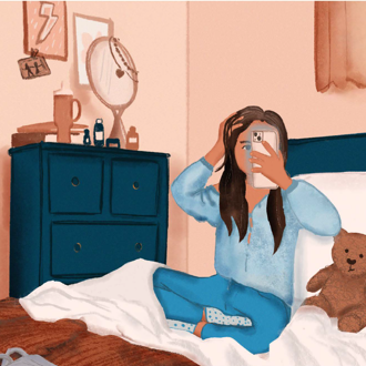 Melissa Fifes illustrated drawing of a girl sitting on a bed using her smartphone to record herself