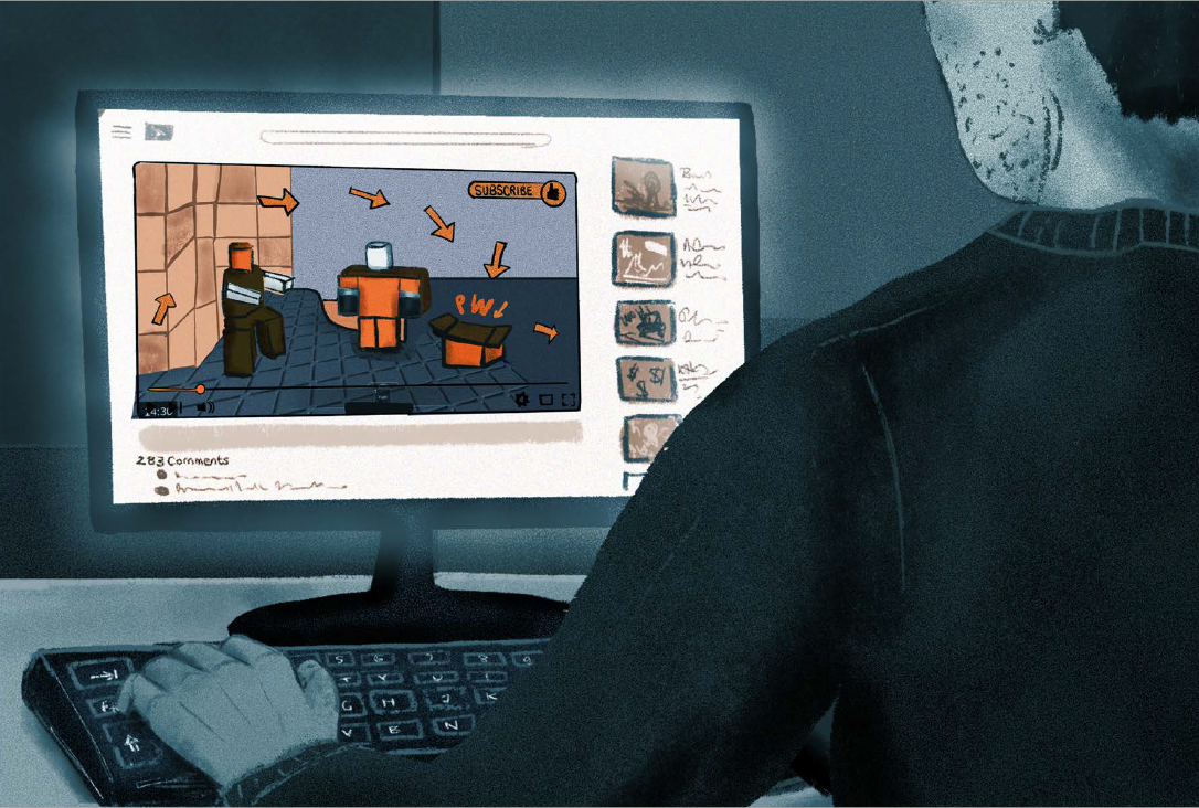 Illustration of a man watching an online gaming video showing a inchoate link
