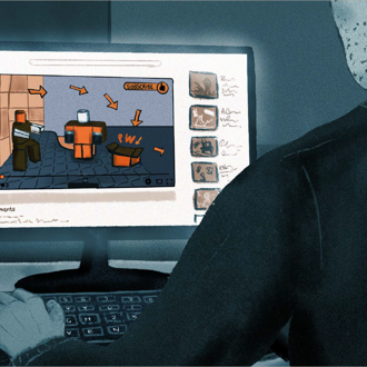 Illustration of a man watching an online gaming video showing a inchoate link