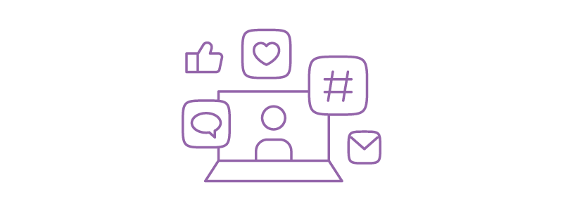 Icon showing laptop computer screen and social media icons